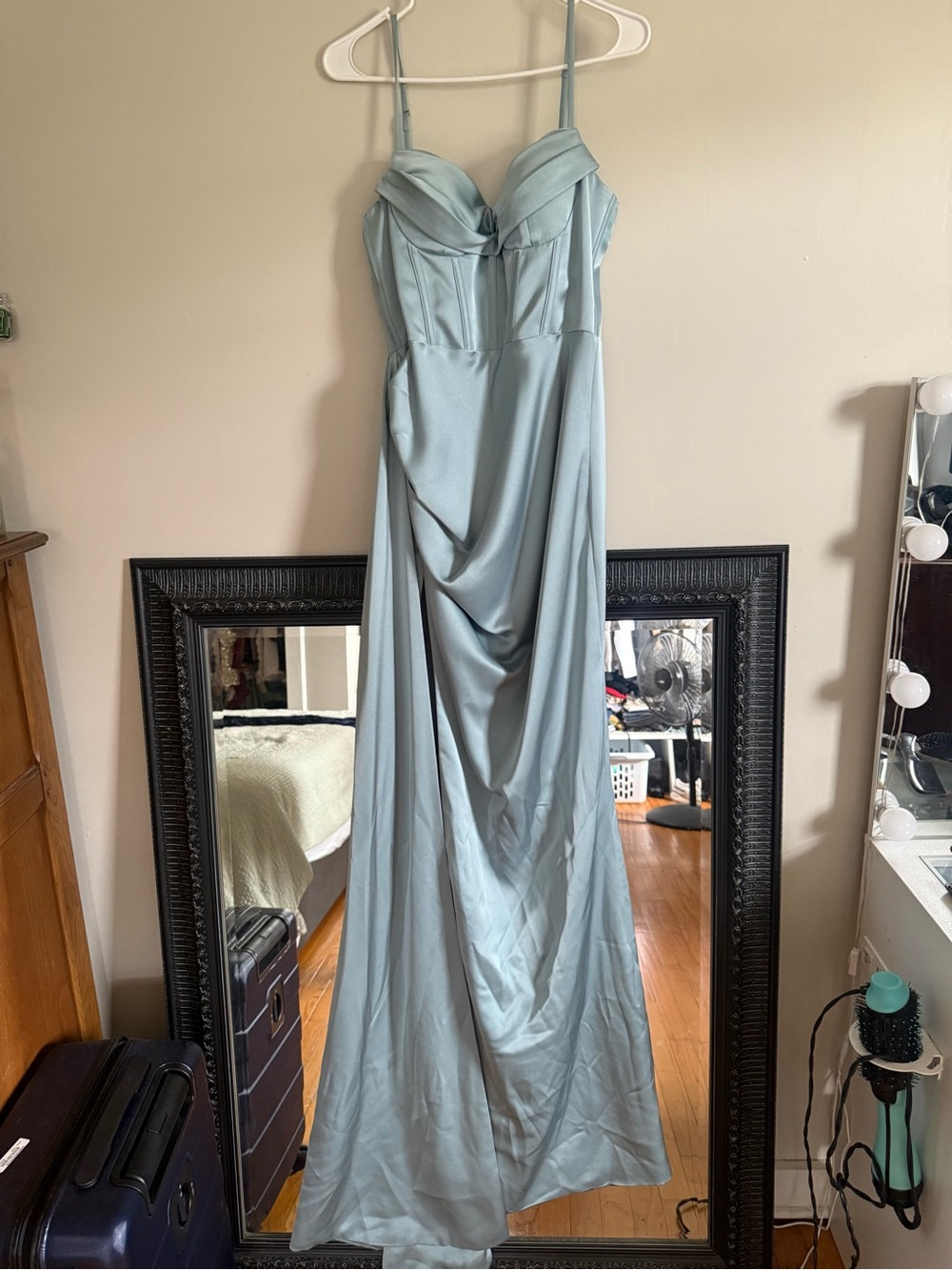 Strapless Light Blue Satin Evening Gown
